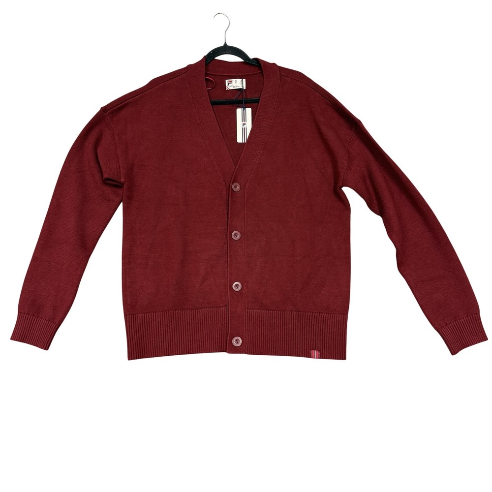 FILA Baseline Cardigan Sweater Mens Medium Red‎ V Neck Button Knit Viscose Blend